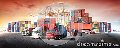 Business logistics and transportation concept of containers cargo freight ship and cargo plane with working crane in shipyard Stock Photo
