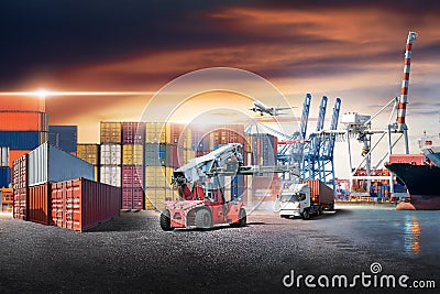 Business logistics and transportation concept of containers cargo freight ship and cargo plane with working crane in shipyard Stock Photo