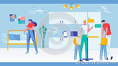 Business Lunch or Coffee Pause in Office Kitchen. Vector Illustration