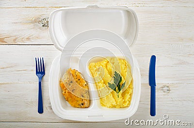 Business lunch in styrofoam package Stock Photo