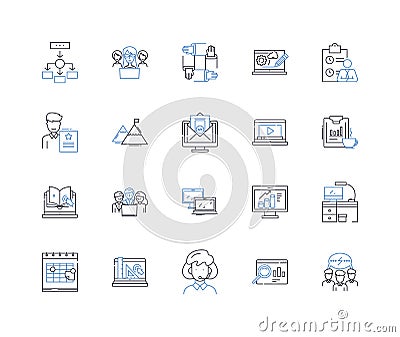 Business machinery line icons collection. Equipment, Machinery, Tools, Devices, Instruments, Appliances, Apparatus Vector Illustration