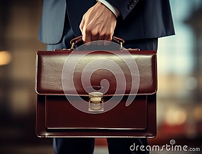 Business magnate gripping classic briefcase, a symbol of corporate prowess Stock Photo