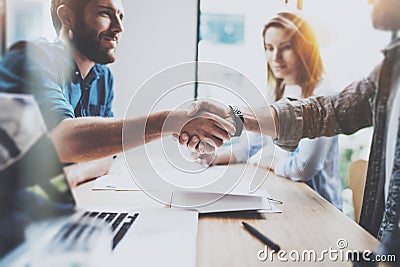 Business male partnership handshake concept.Photo two coworkers handshaking process.Successful deal after great meeting Stock Photo