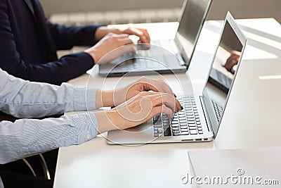 Business man or accountant working on laptop computer with business document Stock Photo