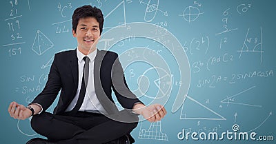 Business man against blue background with math doodle Stock Photo