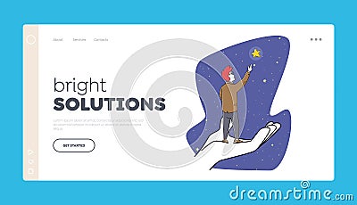 Business Man Aiming to Success, Goal Achievement Landing Page Template. Businessman Character Stand on Huge Human Hand Vector Illustration