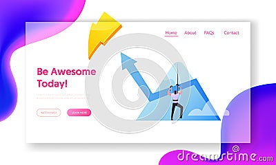 Business Man Aiming to Take New Career Height. Landing Page Template. Businessman Character Climbing Up on Peak Vector Illustration