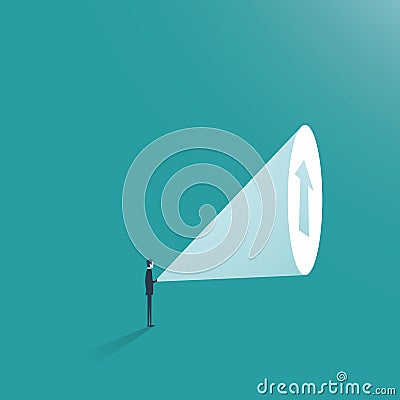 Business man ambition business concept vector. Businessman with flashlight and arrow up as symbol of career promotion Vector Illustration