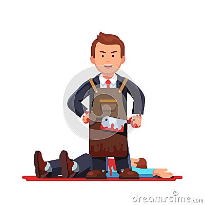 Business man in apron holding bloody butcher knife Vector Illustration