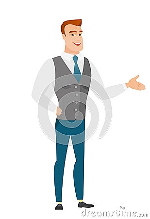 Business man with arm out in a welcoming gesture. Vector Illustration