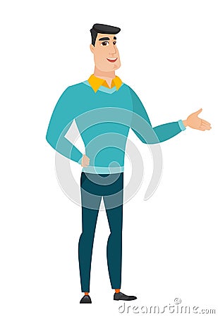 Business man with arm out in a welcoming gesture. Vector Illustration