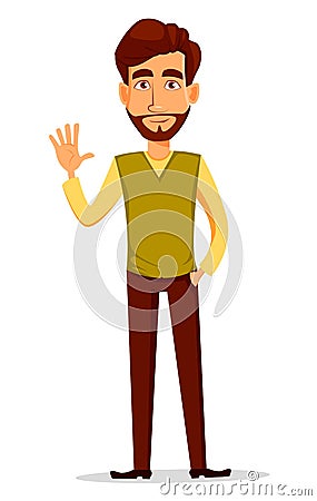 Young handsome businessman in smart casual clothes waving hand. Vector Illustration