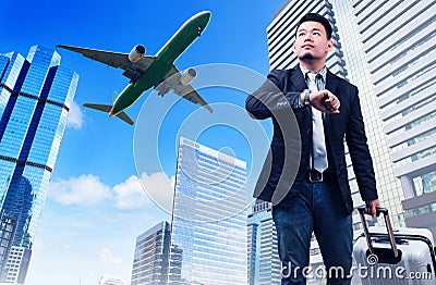 Business man and big belonging luggage watching to sky and hand Stock Photo