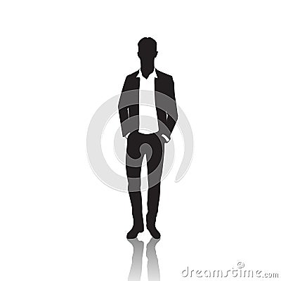 Business Man Black Silhouette Standing Full Length Over White Background Hands In Pockets Vector Illustration