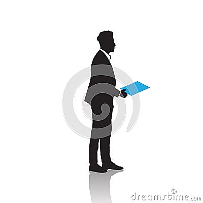 Business Man Black Silhouette Standing Full Length Over White Background Hold Folder Vector Illustration