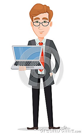 Handsome businessman in suit and glasses holding laptop Vector Illustration