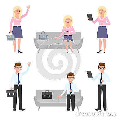 Business man, blonde woman vector. Standing side view, waving, using tablet, sitting on sofa, waiting office boy, girl people Vector Illustration