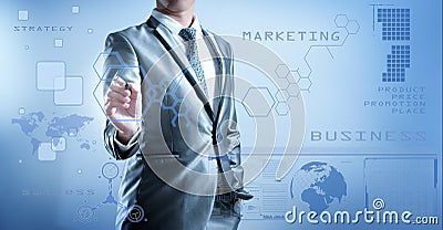 Business man in blue grey suit using digital pen working with di Stock Photo