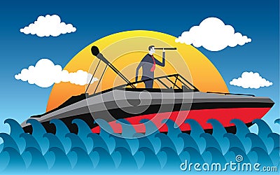 Business man on the boat looks through the spyglass Vector Illustration