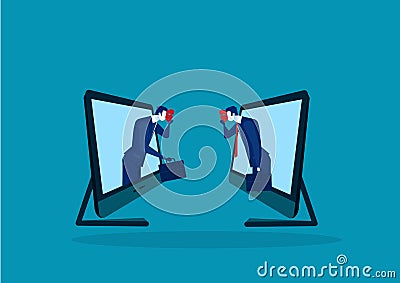 Business man and both are holding masks covering their true intentions. Talk conversation deception on laptop Vector Illustration