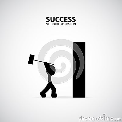 Business man breaking wall with hammer. Silhouette Graphic Design. Success Concept. Vector Illustration