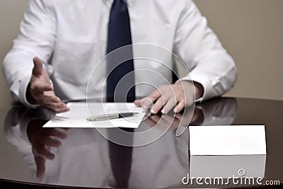 Business Man Businessman at Desk with Papers and Card Making Han Stock Photo