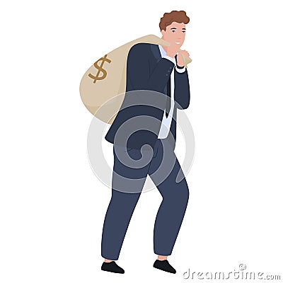 Business man carrying bag with cash money dollar profit lottery win salary vector flat illustration Vector Illustration