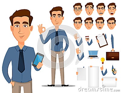 Business man cartoon character creation set. Young handsome smiling businessman in office style clothes Vector Illustration