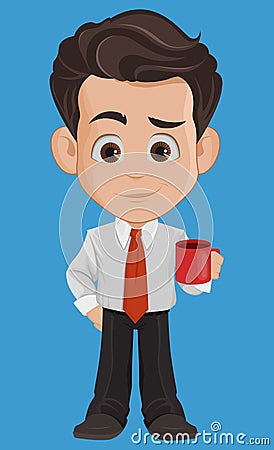 Business man cartoon character. Cute young businessman in office clothes holding mug with hot tasty coffee Vector Illustration