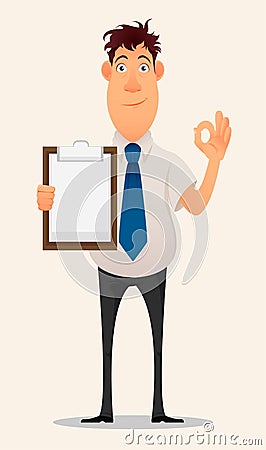 Business man cartoon character. Smiling businessman in office shirt and trousers holding blank clipboard and showing OK gesture Vector Illustration
