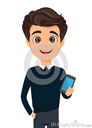 Business man cartoon character. Young handsome businessman in smart casual clothes holding smartphone Vector Illustration