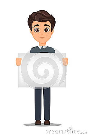 Business man cartoon character. Young handsome smiling businessman in smart casual clothes holding blank banner Vector Illustration