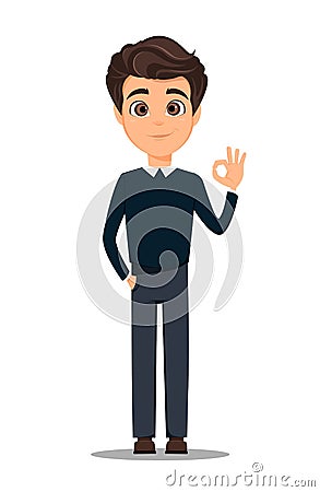 Business man cartoon character. Young handsome smiling businessman in smart casual clothes showing OK gesture Vector Illustration