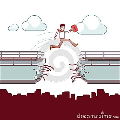Business man with case jumping over broken bridge Vector Illustration