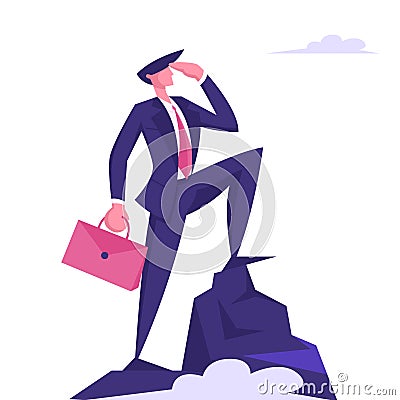 Business Man Character with Briefcase in Hand Looking to Distance on Top of Mountain. Successful Businessman on Peak Vector Illustration