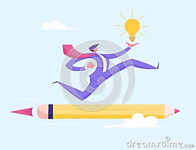Business Man Character Holding Glowing Light Bulb in Hand Flying on Rocket Pencil. Businessman Successful Leader Vector Illustration