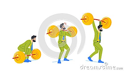 Business Man Character Lift Heavy Barbell With Golden Coins Symbolize Hard Work And Dedication To The Craft Vector Illustration