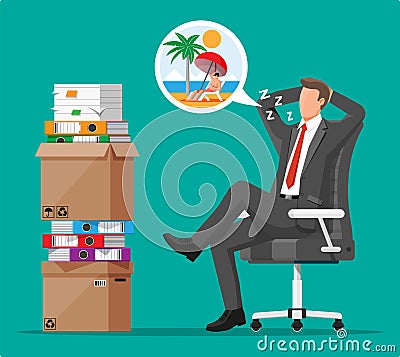 Business man character sleep in bunch of papers. Vector Illustration