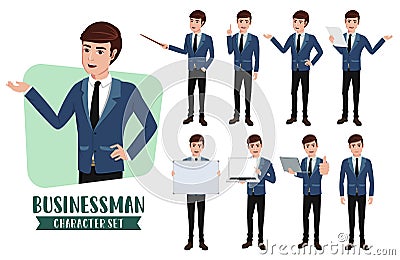 Business man character vector set. Businessman characters sales presentation pose of professional office. Vector Illustration