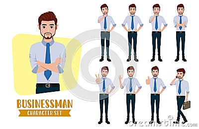 Business man character vector set. Businessman male characters office employee in standing with different pose and gestures. Vector Illustration