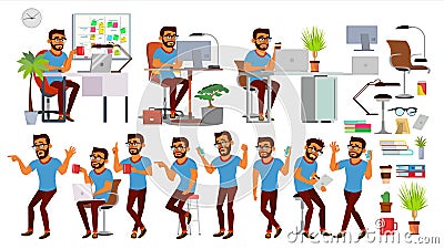 Business Man Character Vector. Working Hindu People Set. Office, Creative Studio. Bearded. Business Situation. Software Vector Illustration