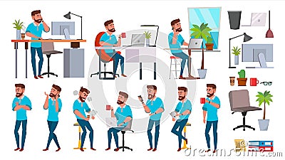 Business Man Character Vector. Working People Set. Office, Creative Studio. Bearded. Full Length. Programmer, Designer Vector Illustration