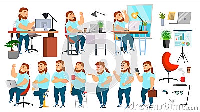 Business Man Character Vector. Working People Set. Office, Creative Studio. Fat, Bearded. Business Situation. Programmer Vector Illustration