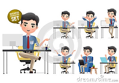 Business man characters in office desk vector set. Business office manager character waving, relaxing and calling. Vector Illustration