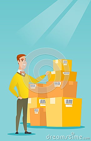 Business man checking boxes in warehouse. Vector Illustration