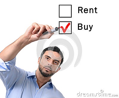 Business man choosing rent or buy option at formular real estate concept Stock Photo