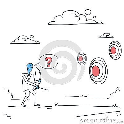 Business Man Choosing Target To Aim With Bow Businessman Making Decision Concept Vector Illustration