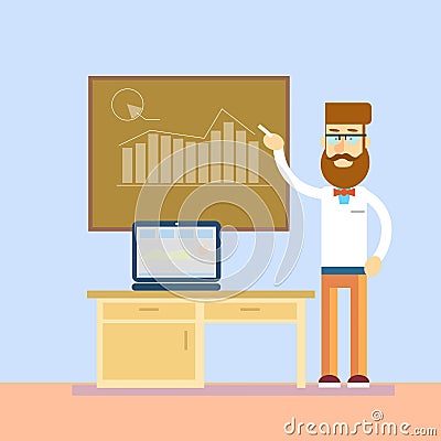 Business Man In Class Board Laptop Computer Teacher Seminar Training Conference Presentation Financial Chart Vector Illustration