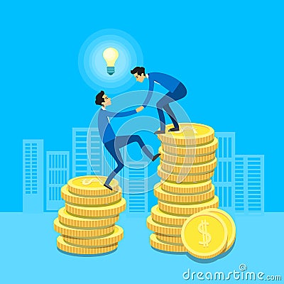 Business Man Climb Coins Stack, Businessman Support Help Flat 3d Isometric Design Vector Illustration