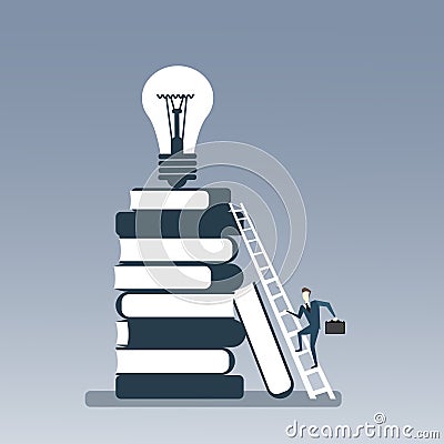 Business Man Climbing Books Stack To Light Bulb On Top New Creative Idea Concept Vector Illustration